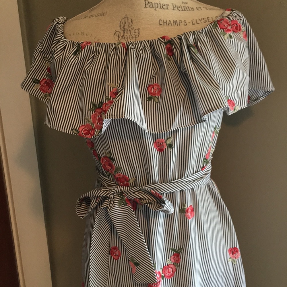 Floral Striped Calvin Klein Off the Shoulder Dress